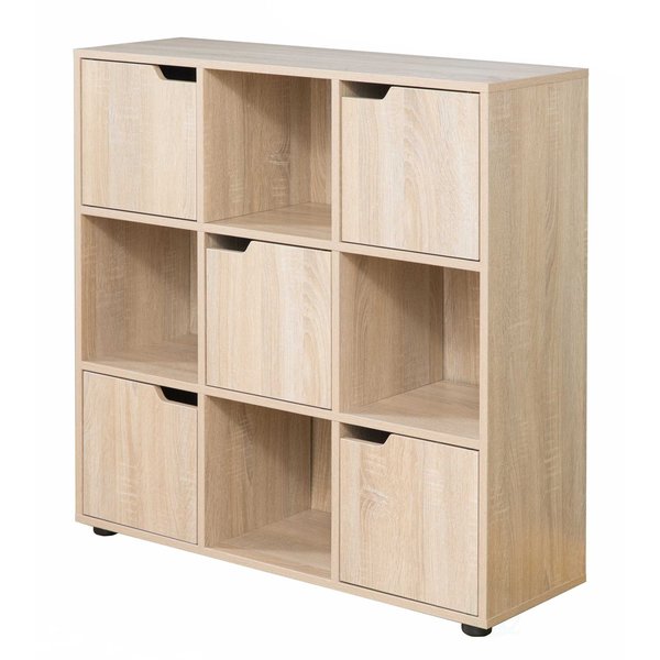 Basicwise 9 Cube Wooden Organizer With 5 Enclosed Doors and 4 Shelves, Oak QI003677O